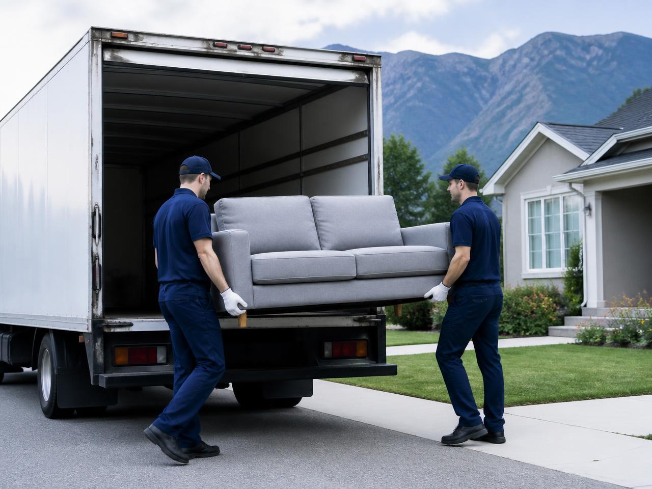 Property services crew loading furniture into a truck outside a home